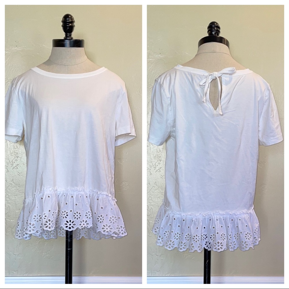 J Crew White Eyelet Hem T Shirt Size Medium